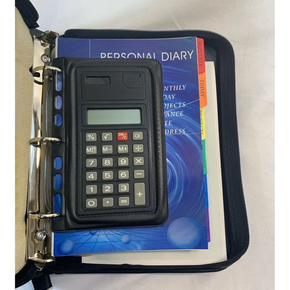 Personal Management System  Not Dated + Solar Calculator Zip Leather Case VTG